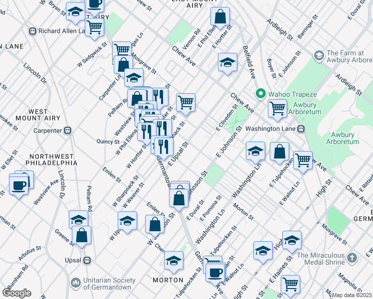 map of restaurants, bars, coffee shops, grocery stores, and more near 128 East Upsal Street in Philadelphia