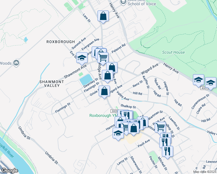 map of restaurants, bars, coffee shops, grocery stores, and more near 7537 Ridge Avenue in Philadelphia