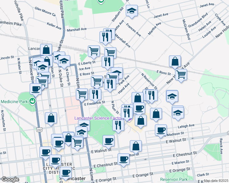 map of restaurants, bars, coffee shops, grocery stores, and more near 701 North Plum Street in Lancaster