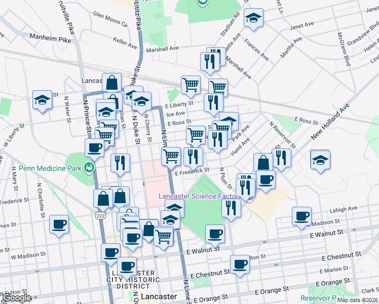 map of restaurants, bars, coffee shops, grocery stores, and more near 241 East New Street in Lancaster