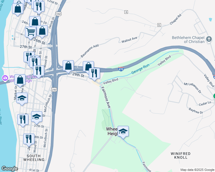 map of restaurants, bars, coffee shops, grocery stores, and more near 92 Valley Boulevard in Wheeling