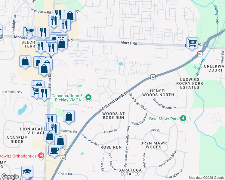 map of restaurants, bars, coffee shops, grocery stores, and more near 1220 Green Drive in Gahanna