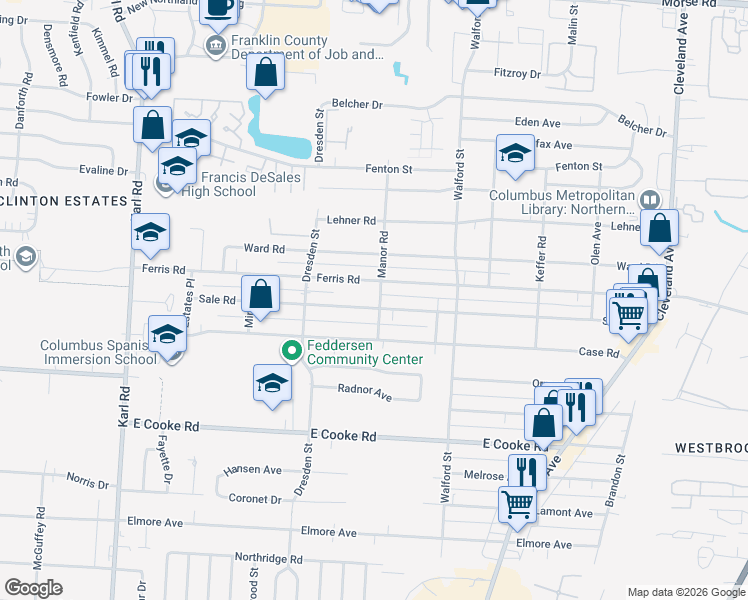 map of restaurants, bars, coffee shops, grocery stores, and more near 1873 Ferris Road in Columbus
