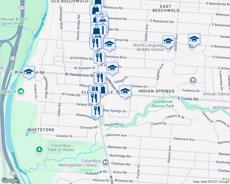 map of restaurants, bars, coffee shops, grocery stores, and more near 86 East Henderson Road in Columbus