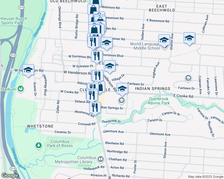 map of restaurants, bars, coffee shops, grocery stores, and more near 80 East Cooke Road in Columbus