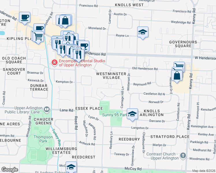 map of restaurants, bars, coffee shops, grocery stores, and more near 4531 Sandringham Drive in Upper Arlington