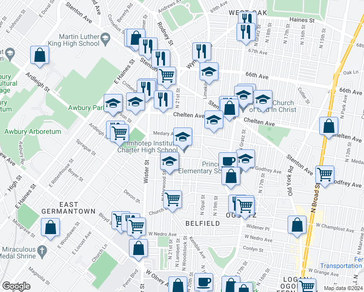 map of restaurants, bars, coffee shops, grocery stores, and more near 6228 North Lambert Street in Philadelphia