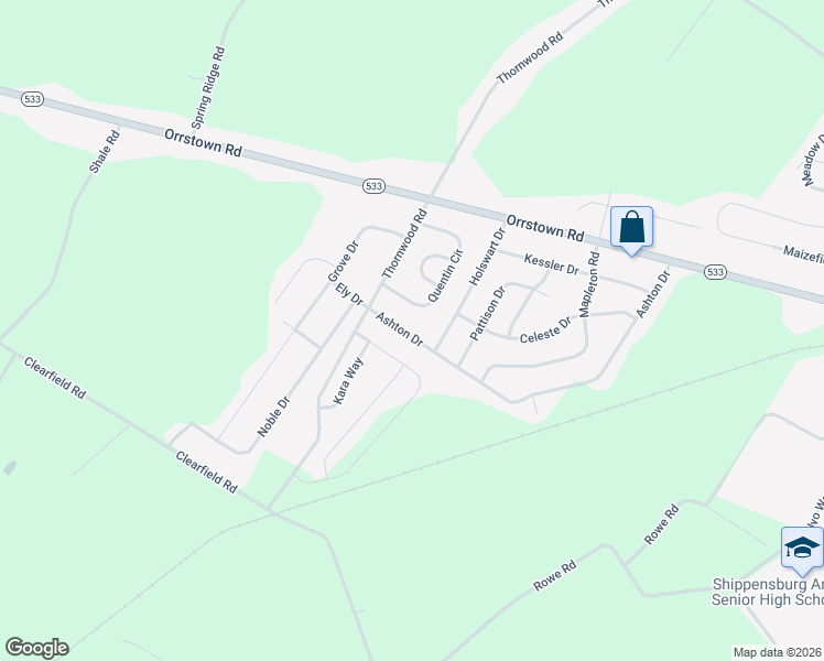 map of restaurants, bars, coffee shops, grocery stores, and more near 1265 Ashton Drive in Shippensburg