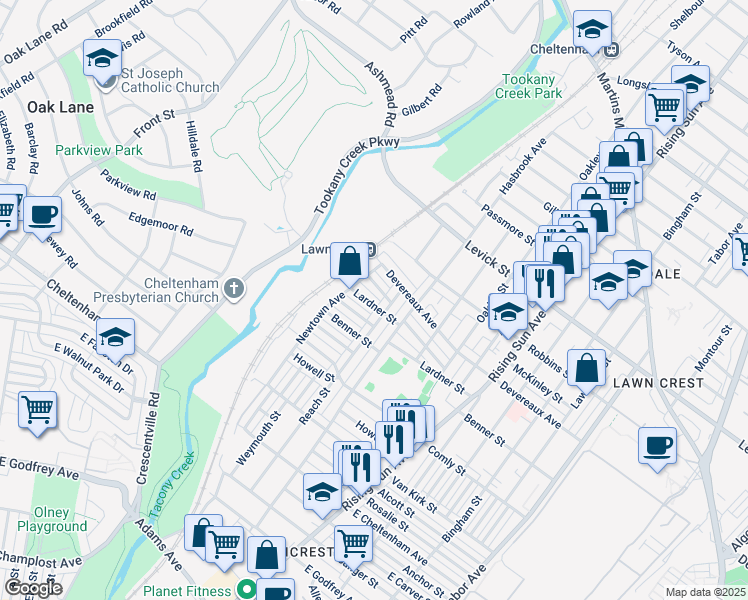 map of restaurants, bars, coffee shops, grocery stores, and more near 227 Lardner Street in Philadelphia