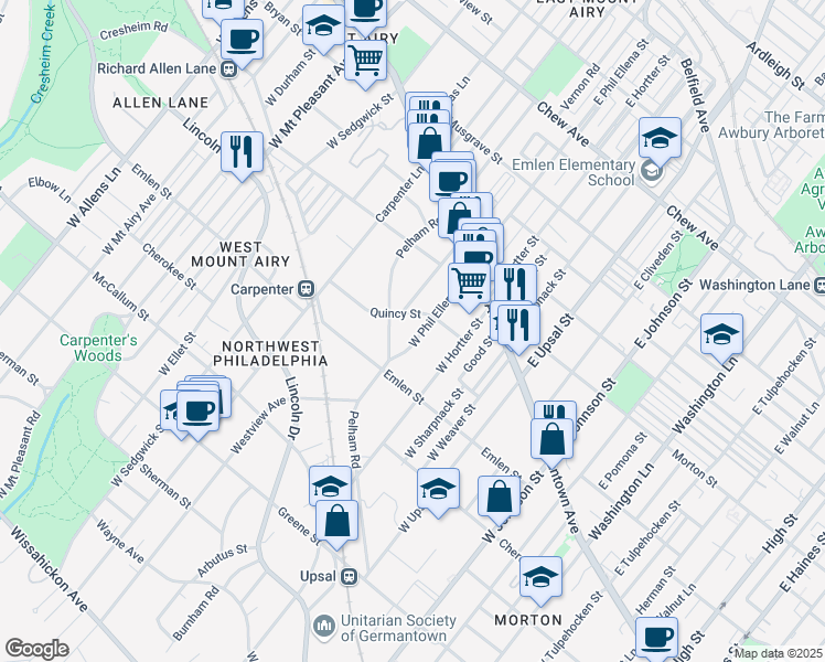 map of restaurants, bars, coffee shops, grocery stores, and more near 131 West Phil Ellena Street in Philadelphia