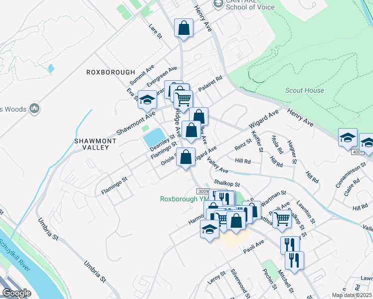 map of restaurants, bars, coffee shops, grocery stores, and more near 7537 Ridge Avenue in Philadelphia