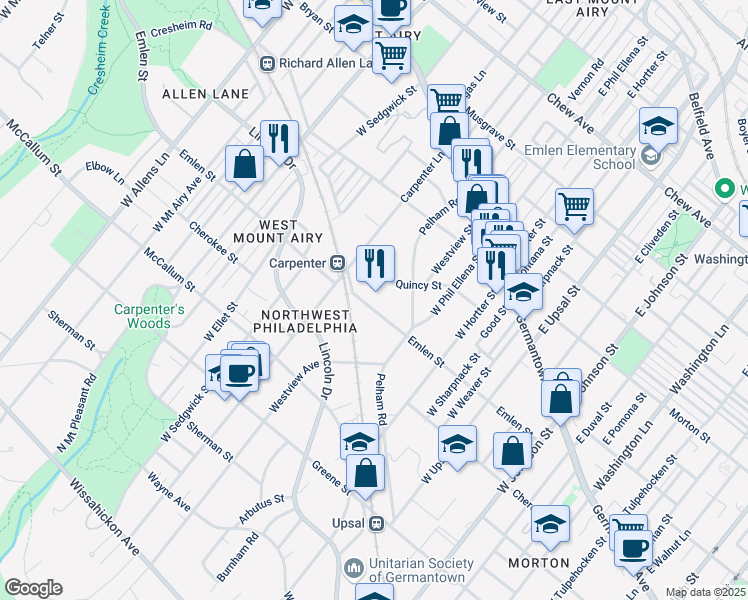 map of restaurants, bars, coffee shops, grocery stores, and more near 6803 Emlen Street in Philadelphia