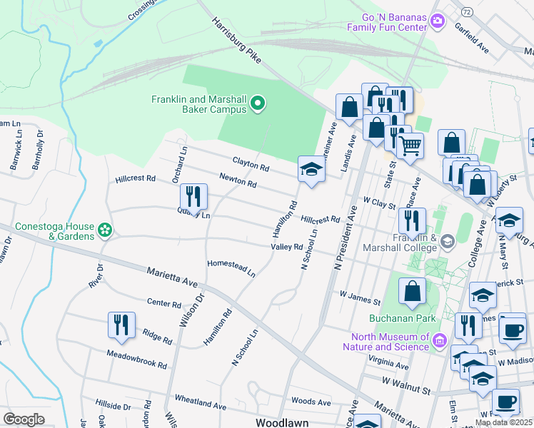 map of restaurants, bars, coffee shops, grocery stores, and more near 1314 Hillcrest Road in Lancaster