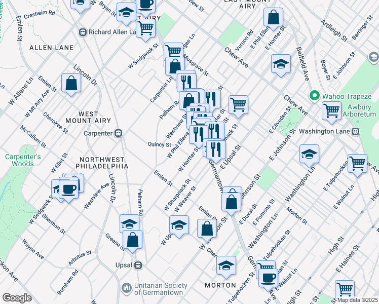 map of restaurants, bars, coffee shops, grocery stores, and more near 6607 Quincy Street in Philadelphia