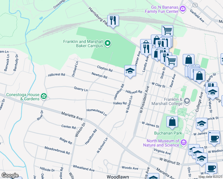 map of restaurants, bars, coffee shops, grocery stores, and more near 1314 Hillcrest Road in Lancaster