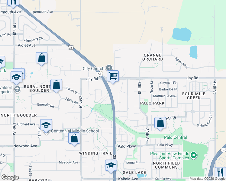 map of restaurants, bars, coffee shops, grocery stores, and more near 2818 Jay Road in Boulder