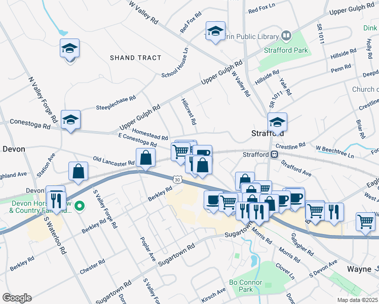 map of restaurants, bars, coffee shops, grocery stores, and more near 218 East Conestoga Road in Devon
