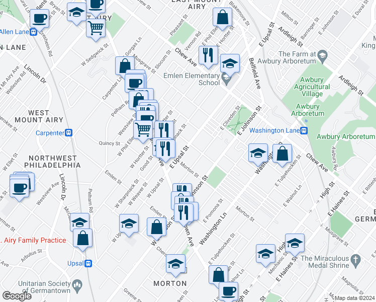 map of restaurants, bars, coffee shops, grocery stores, and more near 128 East Upsal Street in Philadelphia