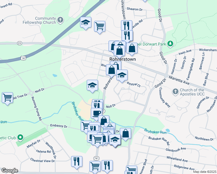 map of restaurants, bars, coffee shops, grocery stores, and more near 419 Rohrerstown Road in Lancaster