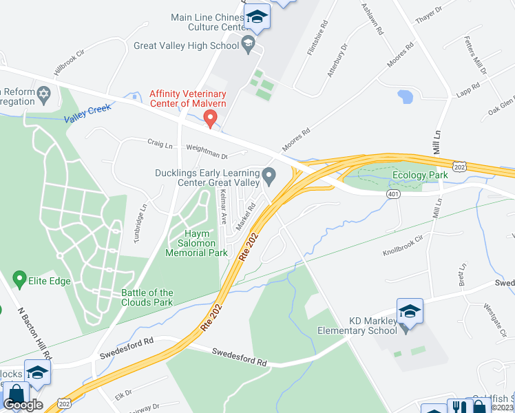 map of restaurants, bars, coffee shops, grocery stores, and more near 16 Markel Road in Malvern