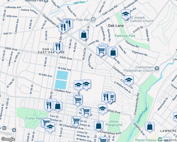 map of restaurants, bars, coffee shops, grocery stores, and more near 189 West 65th Avenue in Philadelphia