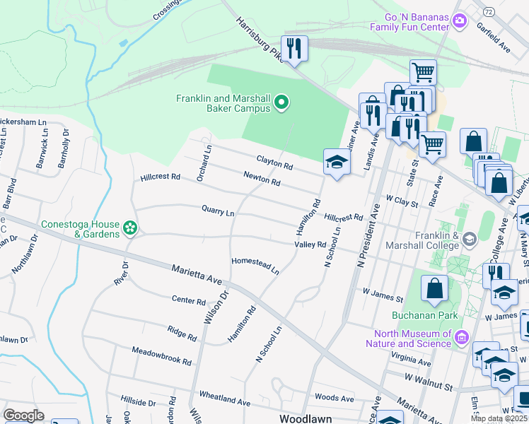 map of restaurants, bars, coffee shops, grocery stores, and more near 1319 Quarry Lane in Lancaster