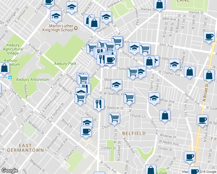 map of restaurants, bars, coffee shops, grocery stores, and more near 2141 Laveer Street in Philadelphia
