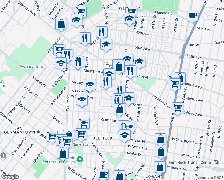 map of restaurants, bars, coffee shops, grocery stores, and more near 1963 Laveer Street in Philadelphia