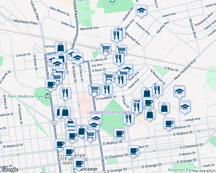 map of restaurants, bars, coffee shops, grocery stores, and more near 311 East New Street in Lancaster