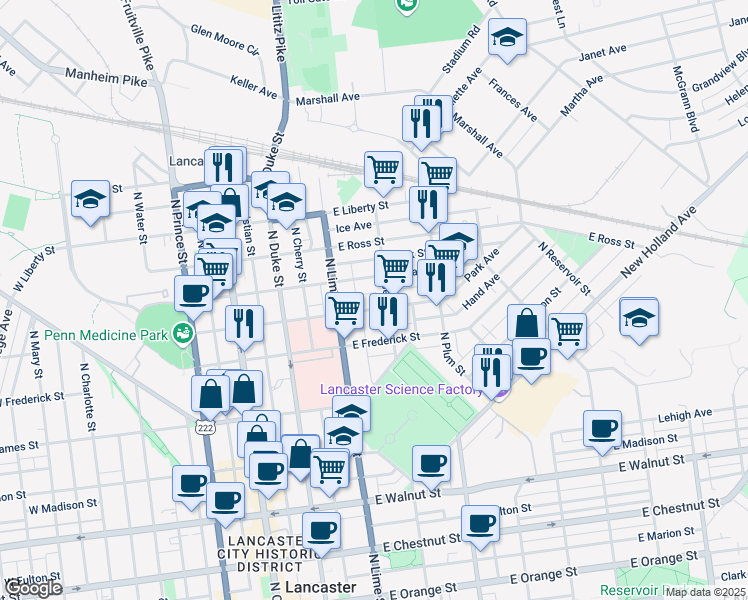 map of restaurants, bars, coffee shops, grocery stores, and more near 241 East New Street in Lancaster