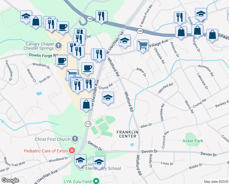 map of restaurants, bars, coffee shops, grocery stores, and more near 1708 South Plum Point Drive in Exton