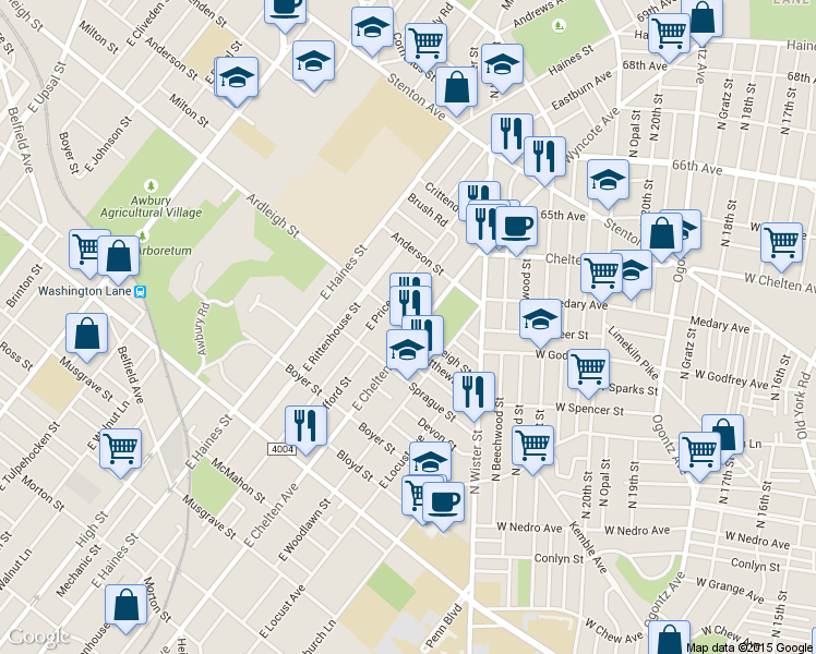 map of restaurants, bars, coffee shops, grocery stores, and more near 1049 East Chelten Avenue in Philadelphia