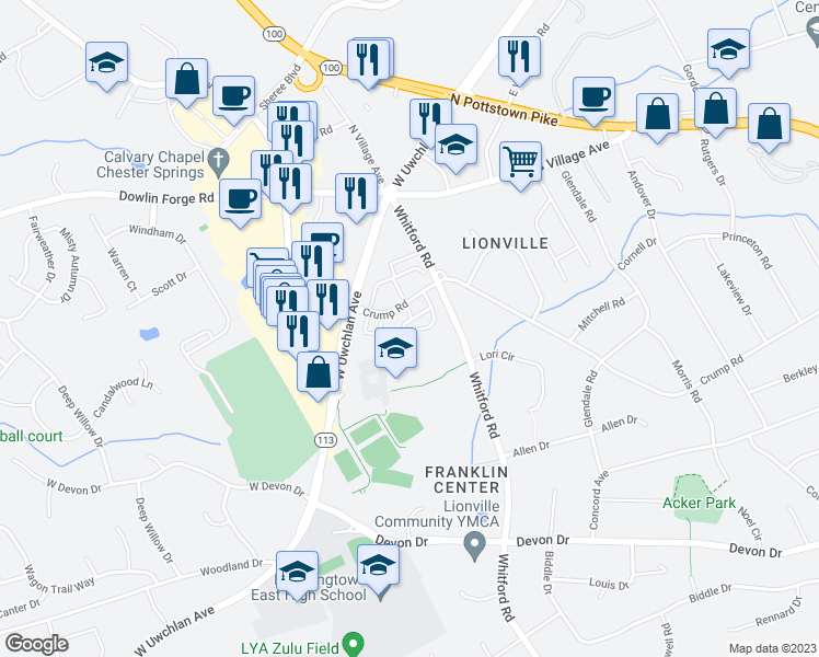 map of restaurants, bars, coffee shops, grocery stores, and more near 1709 South Plum Point Drive in Exton