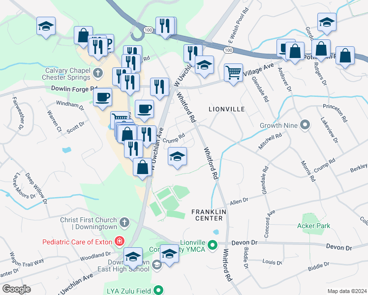 map of restaurants, bars, coffee shops, grocery stores, and more near 1706 South Plum Point Drive in Exton