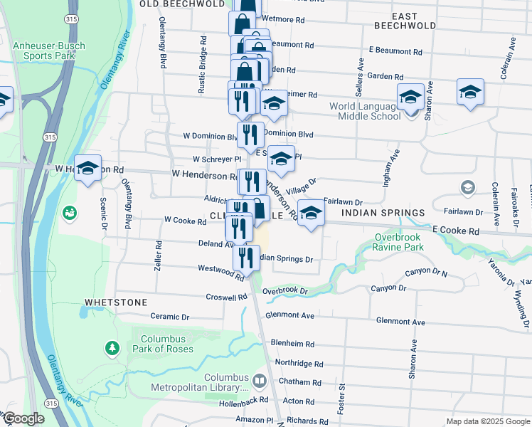 map of restaurants, bars, coffee shops, grocery stores, and more near 34 East Cooke Road in Columbus