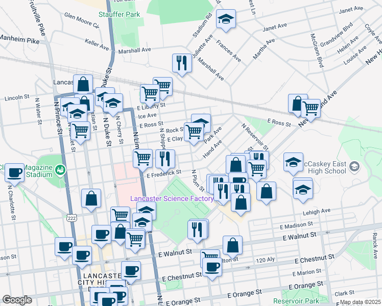 map of restaurants, bars, coffee shops, grocery stores, and more near 398 East New Street in Lancaster