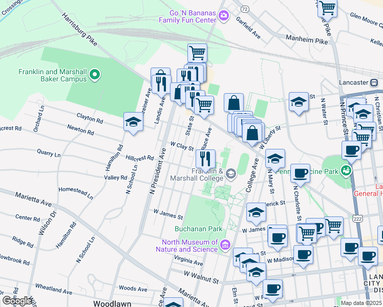 map of restaurants, bars, coffee shops, grocery stores, and more near 1024 West Clay Street in Lancaster