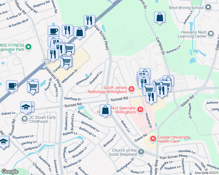 map of restaurants, bars, coffee shops, grocery stores, and more near 9 Snowflower Lane in Willingboro