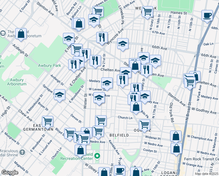 map of restaurants, bars, coffee shops, grocery stores, and more near 6243 North Lambert Street in Philadelphia