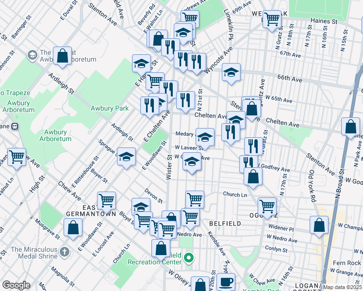 map of restaurants, bars, coffee shops, grocery stores, and more near 2145 Laveer Street in Philadelphia