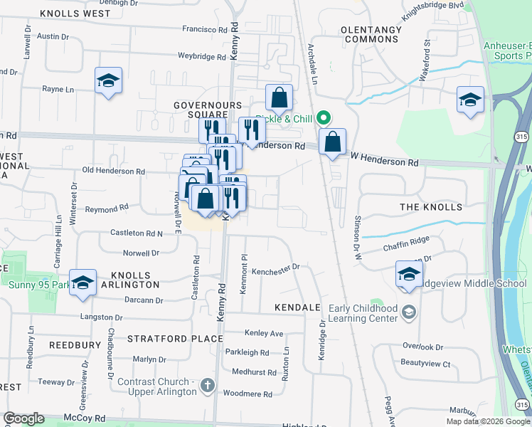 map of restaurants, bars, coffee shops, grocery stores, and more near 1040 Folkestone Road in Columbus