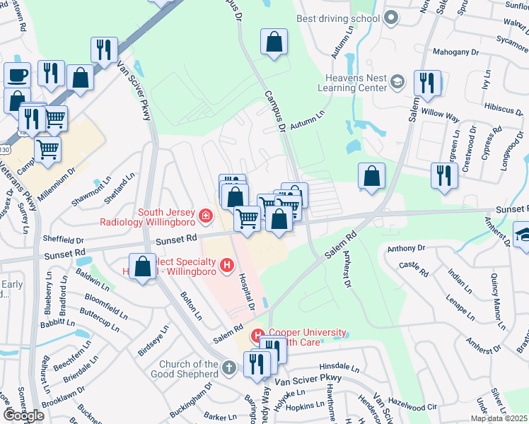 map of restaurants, bars, coffee shops, grocery stores, and more near 1216 Liberte Court in Burlington