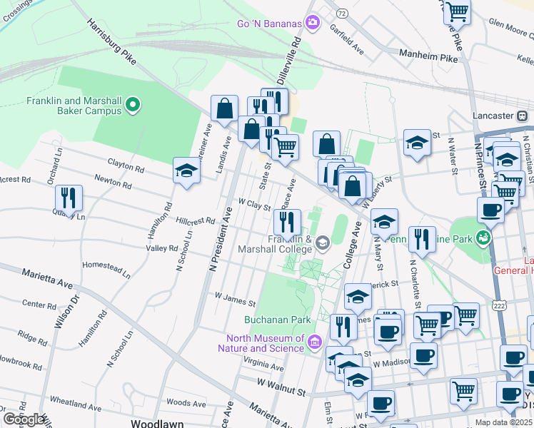 map of restaurants, bars, coffee shops, grocery stores, and more near 1026 West Clay Street in Lancaster