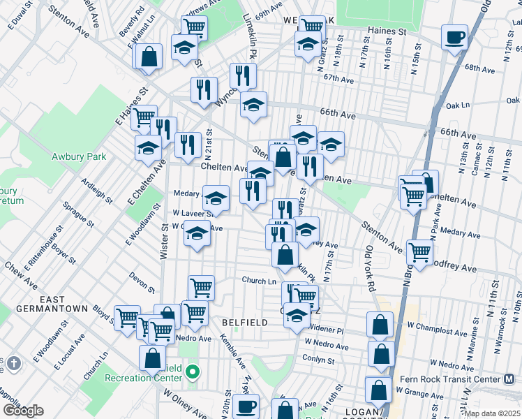 map of restaurants, bars, coffee shops, grocery stores, and more near 1943 West Laveer Street in Philadelphia