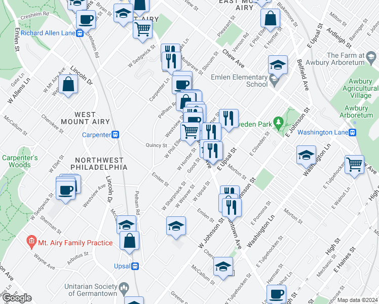 map of restaurants, bars, coffee shops, grocery stores, and more near 31 West Hortter Street in Philadelphia