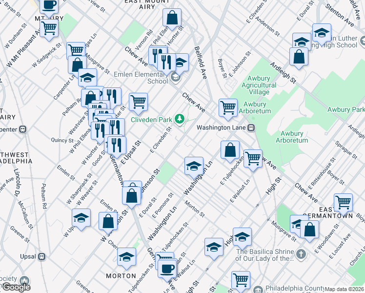 map of restaurants, bars, coffee shops, grocery stores, and more near 250 East Johnson Street in Philadelphia