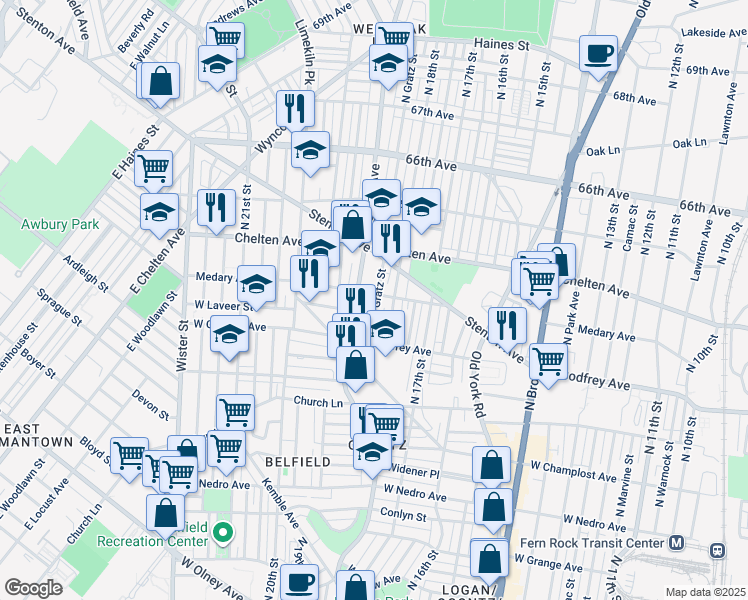 map of restaurants, bars, coffee shops, grocery stores, and more near 1822 Medary Avenue in Philadelphia