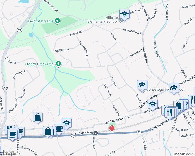 map of restaurants, bars, coffee shops, grocery stores, and more near 60 Oak Lane in Berwyn