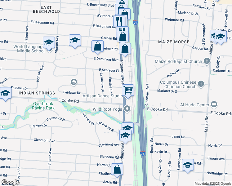 map of restaurants, bars, coffee shops, grocery stores, and more near 712 Fairlawn Drive in Columbus