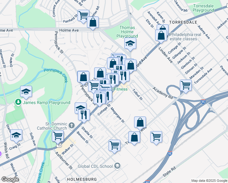 map of restaurants, bars, coffee shops, grocery stores, and more near 8813 Frankford Avenue in Philadelphia